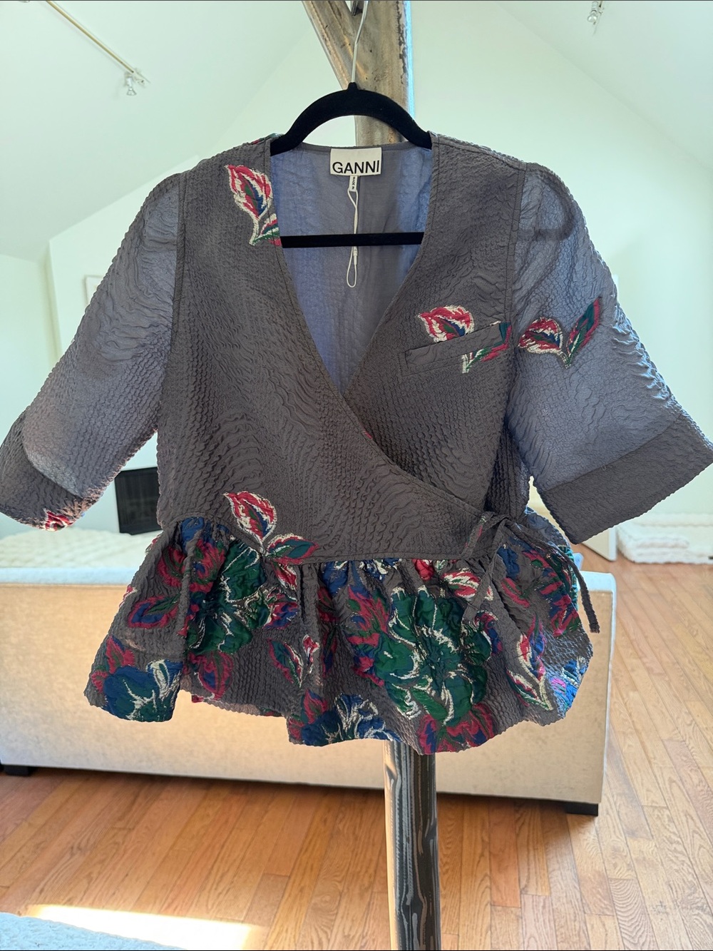 Ganni Gray Wrap Peplum Top with Multicolor Floral Embroidery